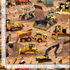 Construction site fabric with bulldozers, excavators, and dump trucks on brown dirt background.