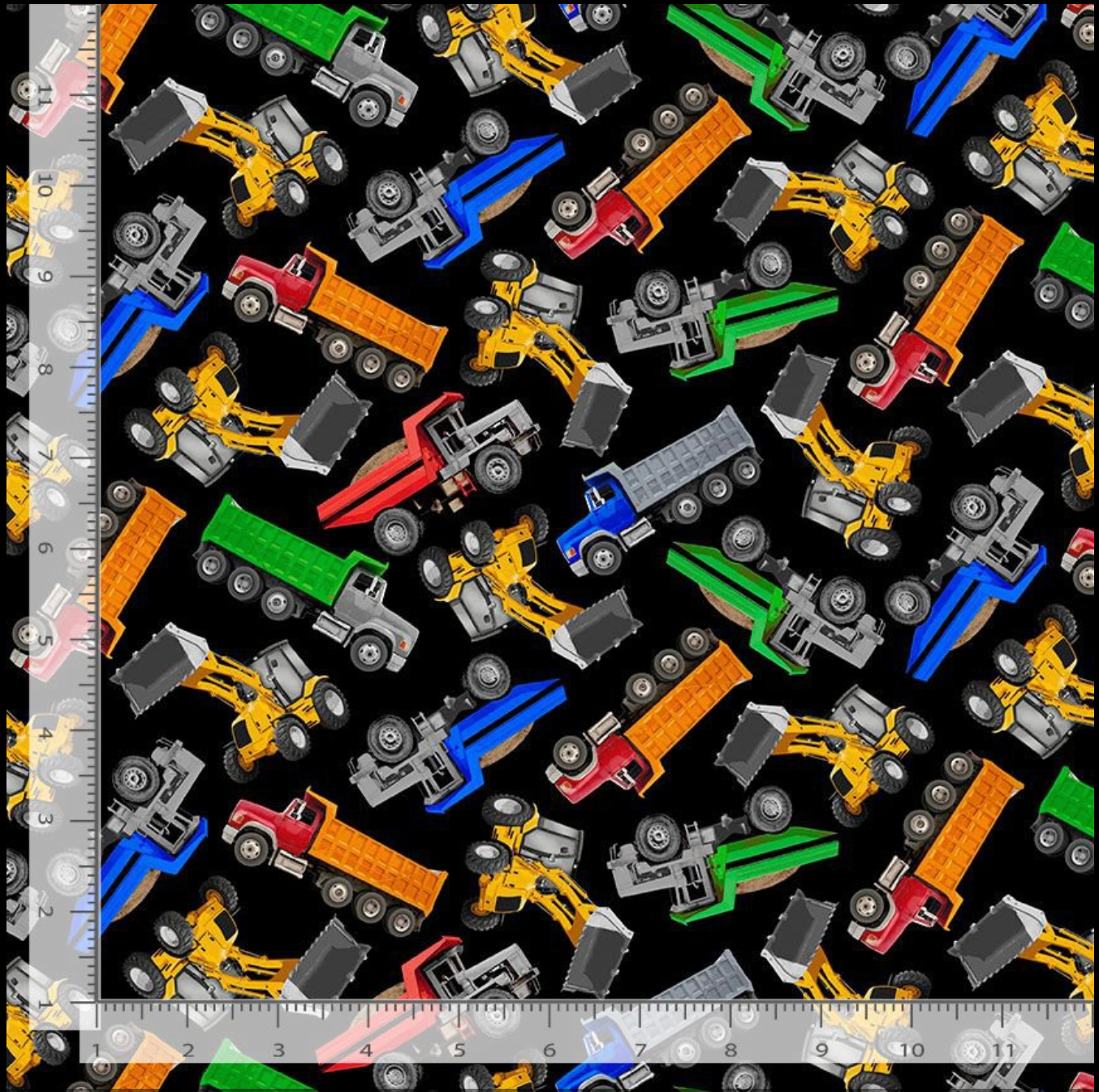 Tossed construction vehicles fabric with colorful dump trucks and loaders on black background.