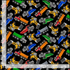 Tossed construction vehicles fabric with colorful dump trucks and loaders on black background.