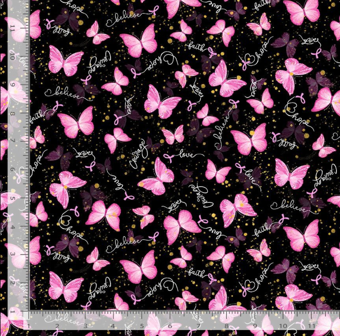 Pink butterflies and breast cancer ribbons with inspirational words on black fabric.