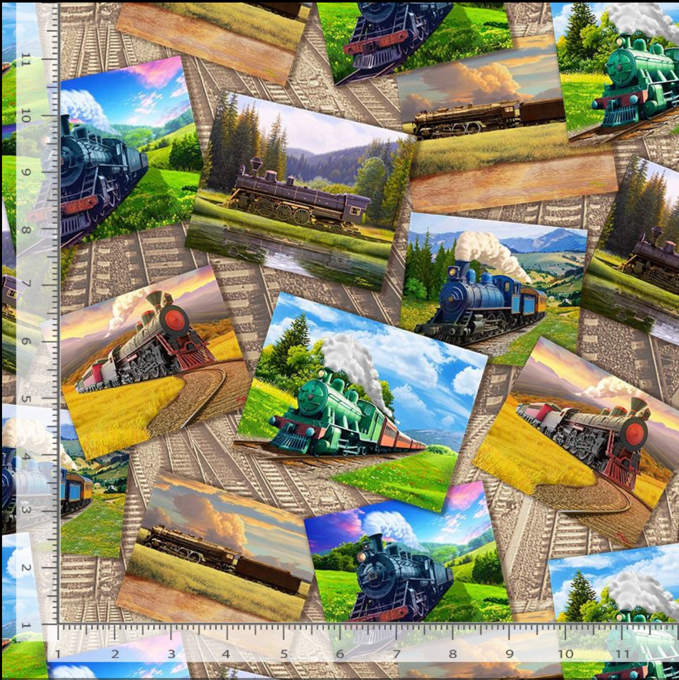 Vintage train postcards scattered on a background of railway tracks, printed on quilting cotton.
