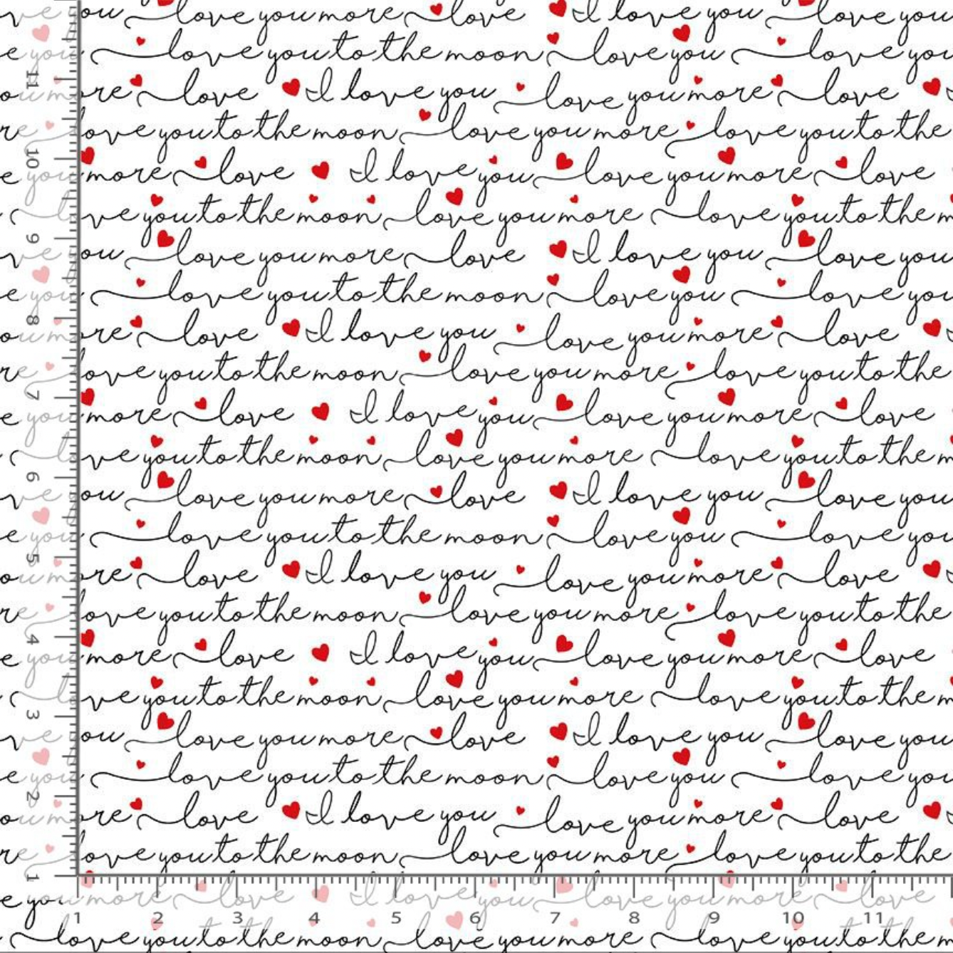 White fabric with black handwritten love quotes and red hearts, quilting cotton.