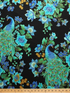 Peacock metallic cotton fabric on black background with gold accents by Timeless Treasures