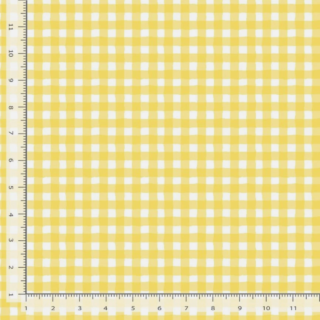Yellow and white gingham check cotton fabric with soft watercolor texture