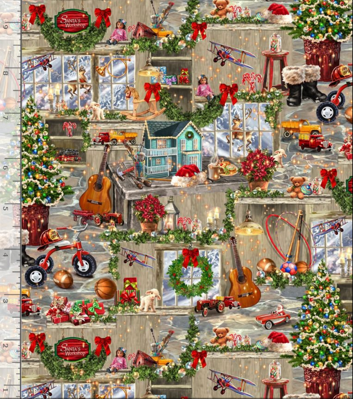 Santa’s Workshop Christmas fabric by Dona Gelsinger for Timeless Treasures
