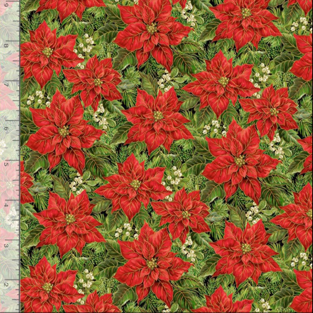 Packed poinsettia and leaves metallic Christmas fabric by Dona Gelsinger