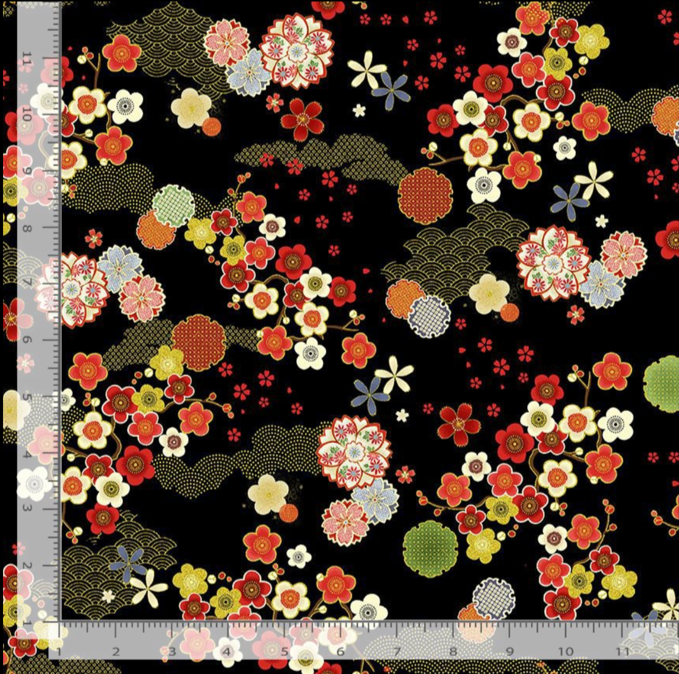 Lotus Garden Asian floral metallic quilting cotton fabric
