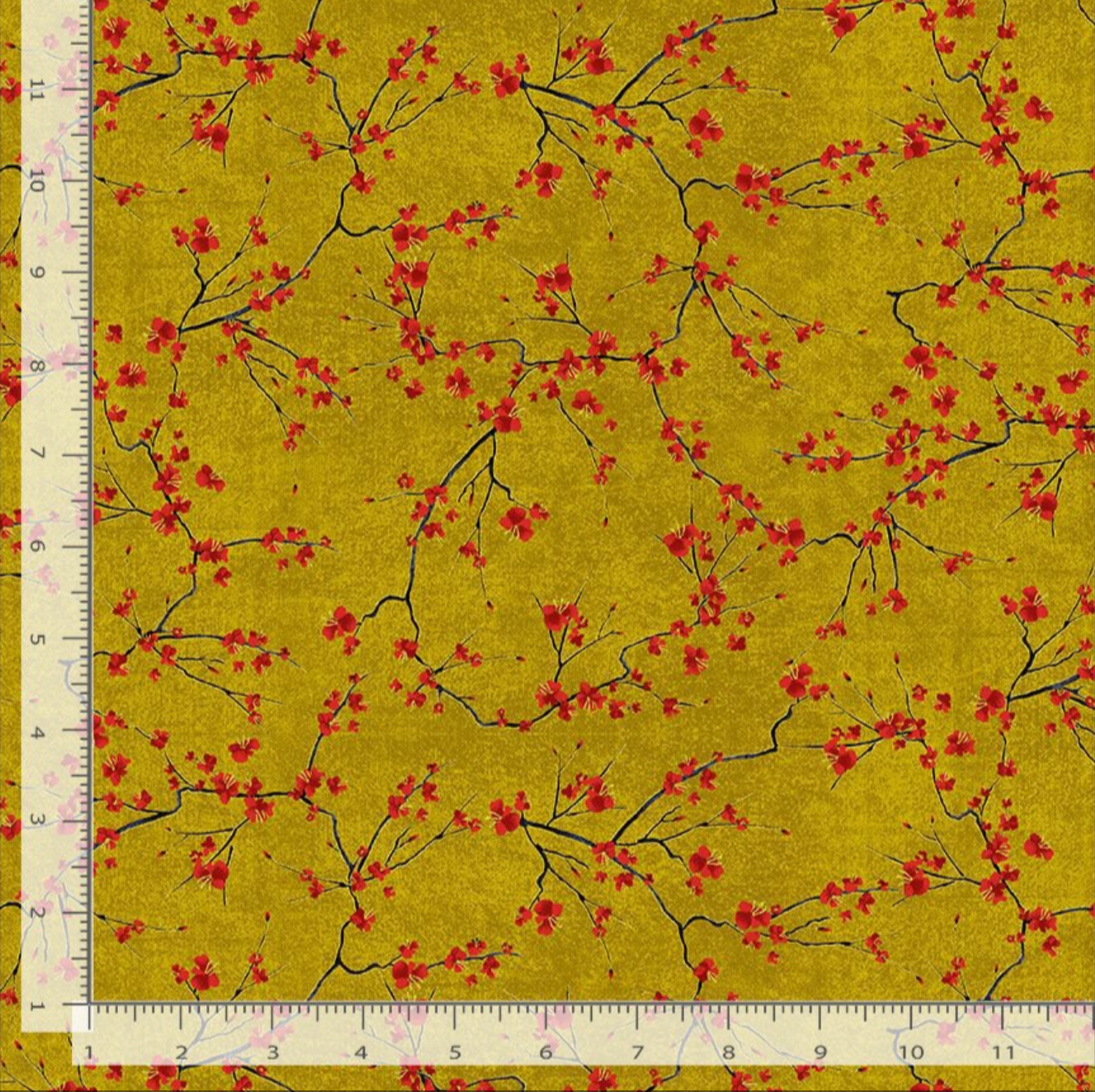 Lotus Garden cherry blossom branches metallic quilting cotton fabric