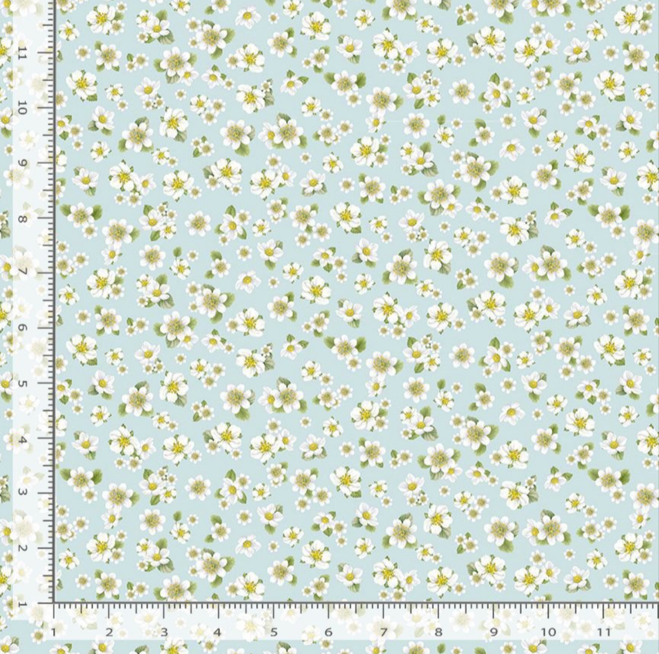 Strawberry blossom floral cotton fabric on sky blue background