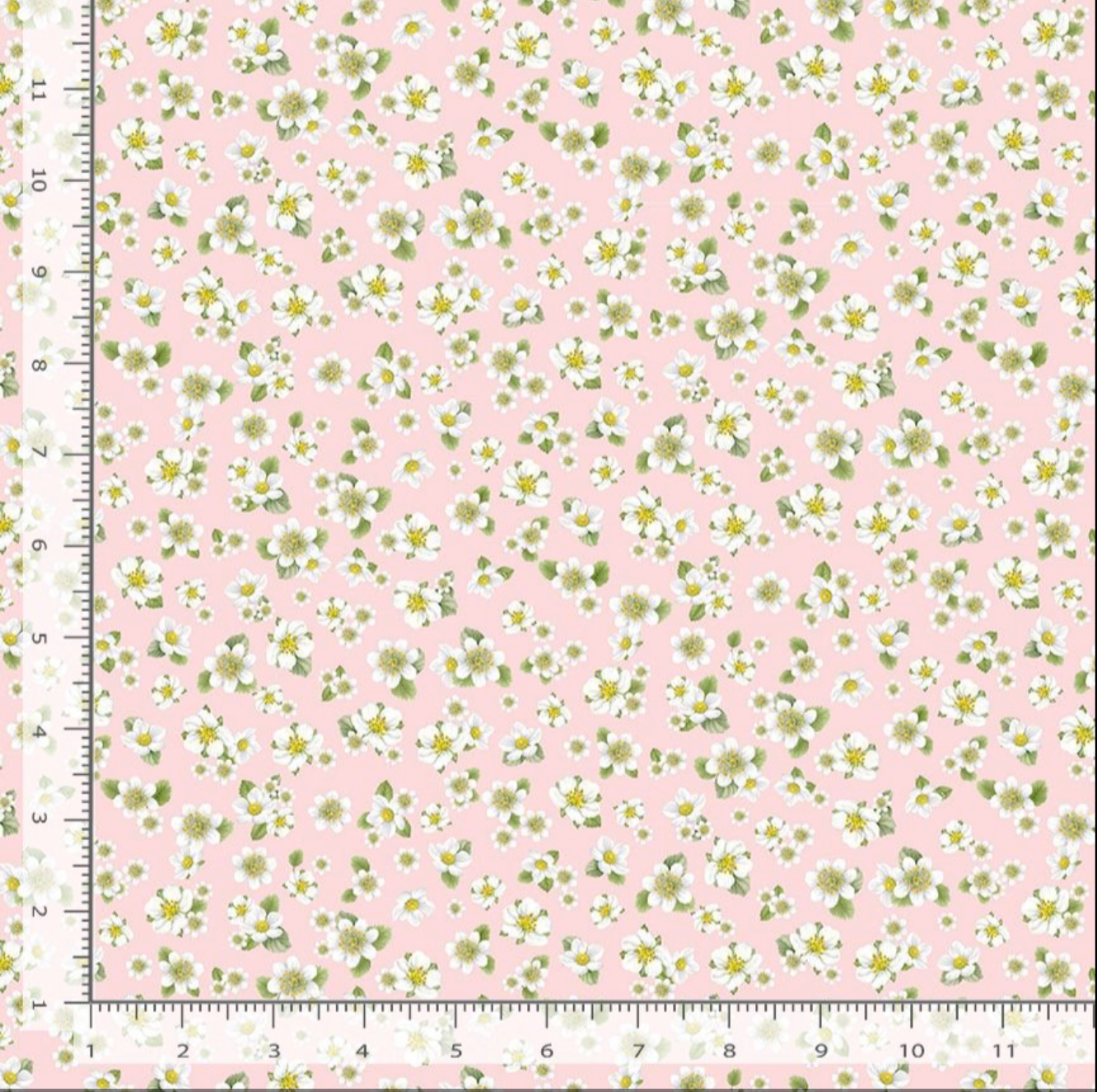 Strawberry blossom floral cotton fabric on soft pink background