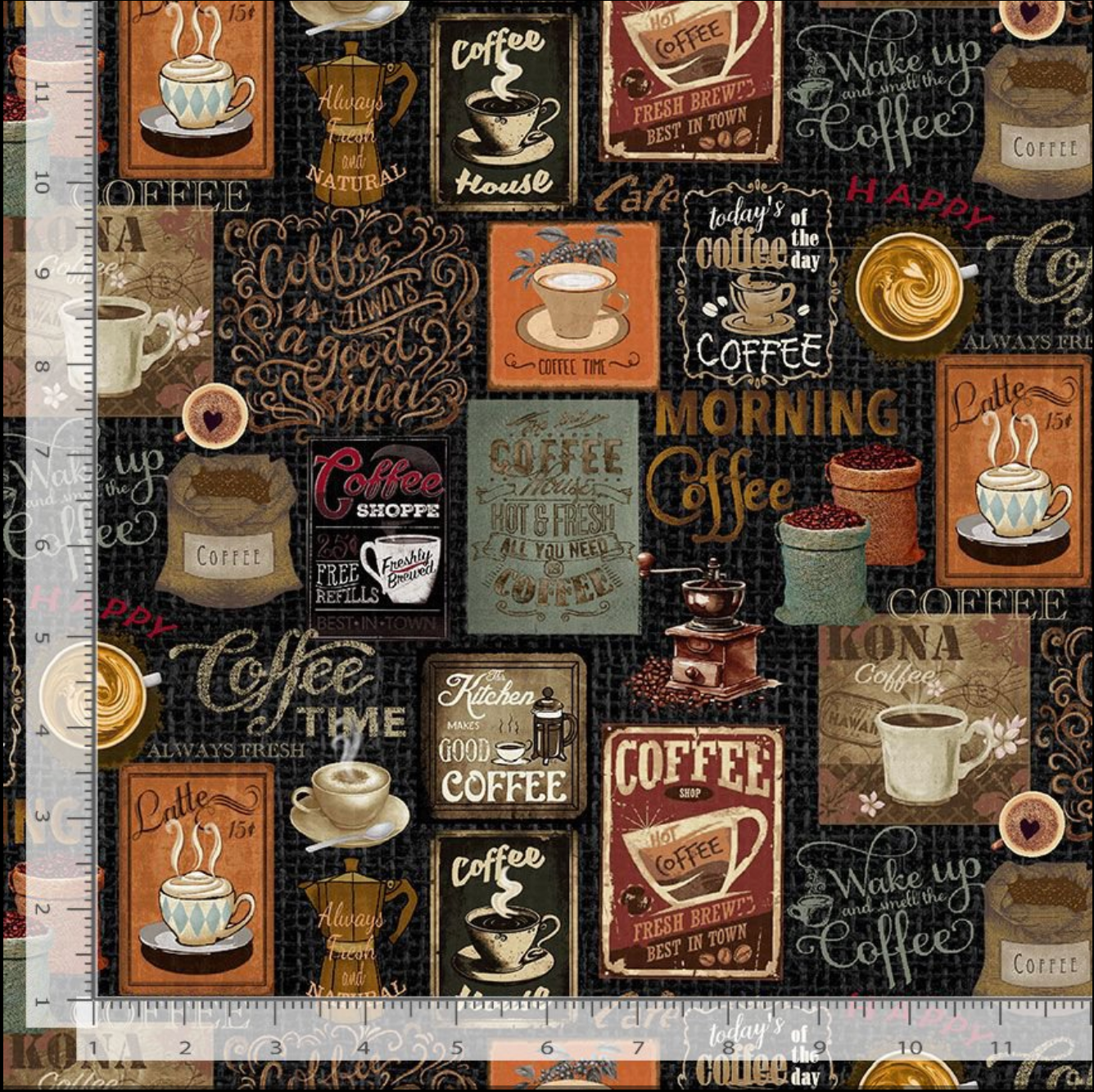 Vintage coffee collage cotton fabric with café signs and coffee imagery