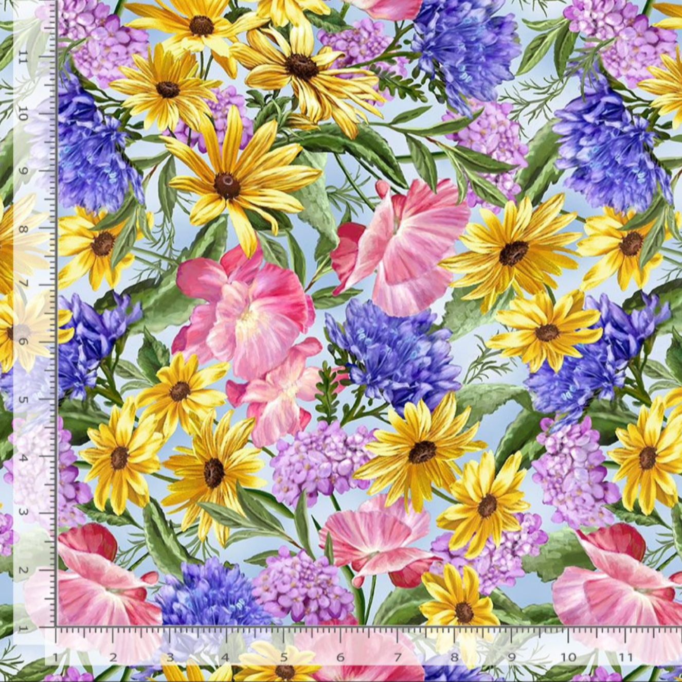 Blue spring floral cotton fabric with yellow, pink, and purple flowers