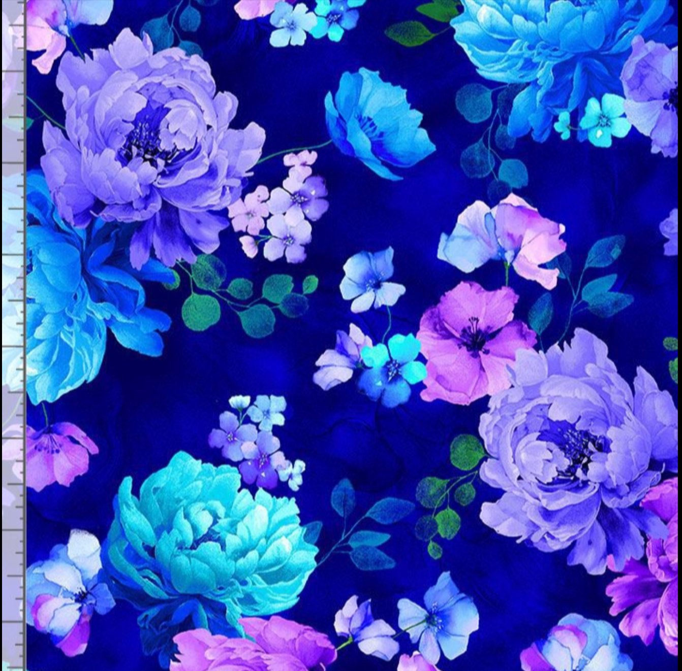 Navy blue tossed floral cotton fabric with blue and purple bouquets