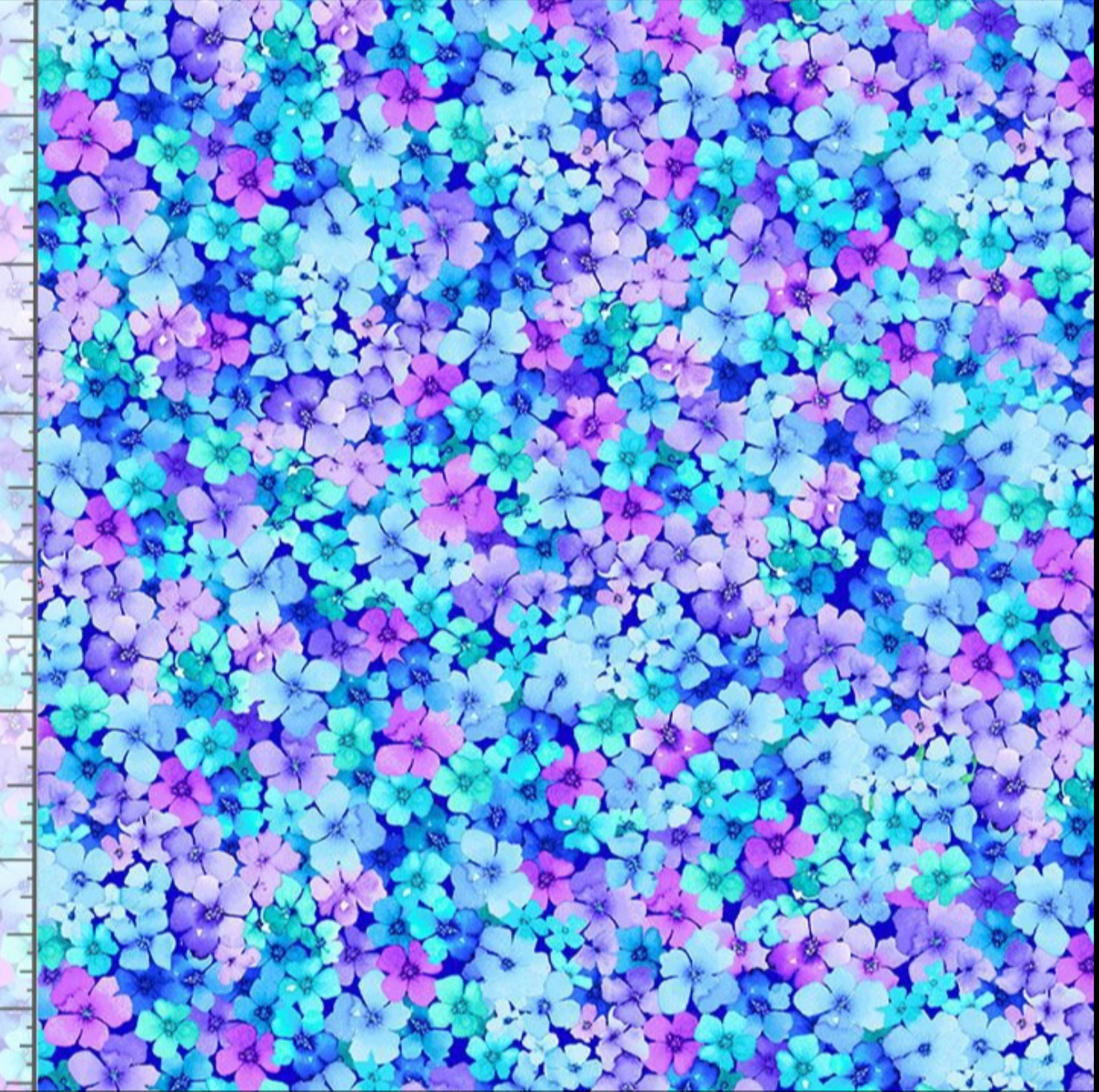 Small packed floral cotton fabric in blue, teal, and purple tones