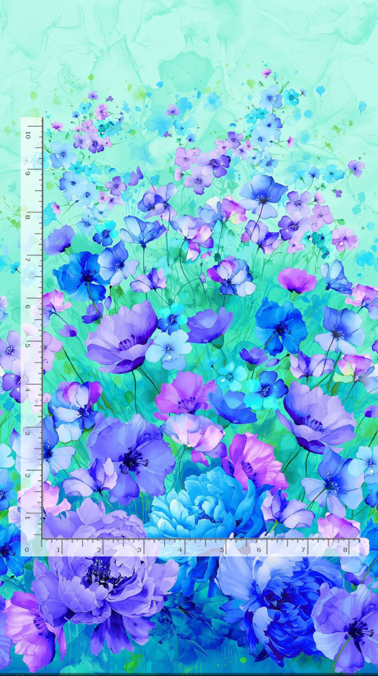 Bellagio floral cotton panel in blue, purple, and aqua watercolor flowers