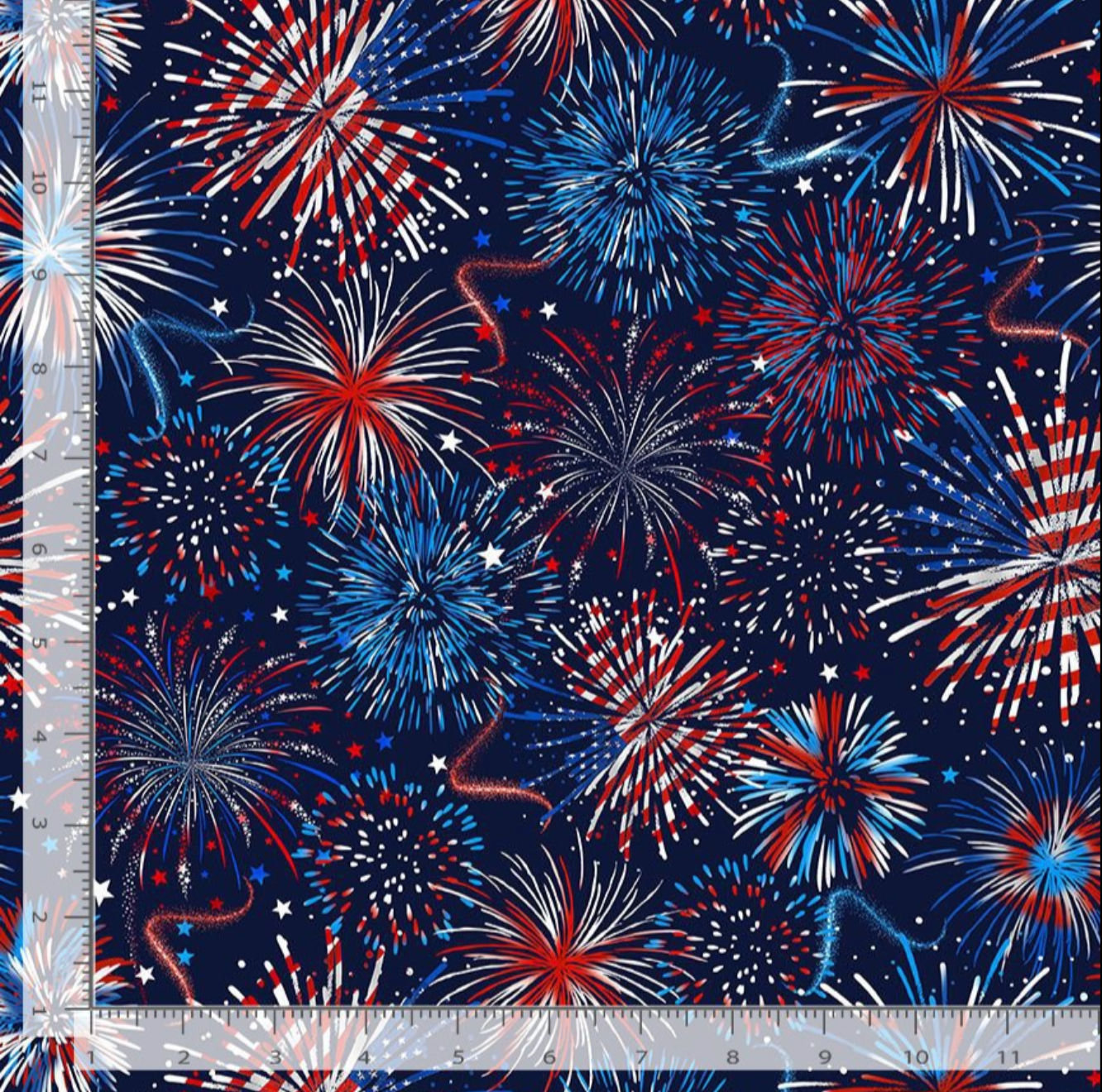 USA fireworks cotton fabric with red white blue stars on navy background