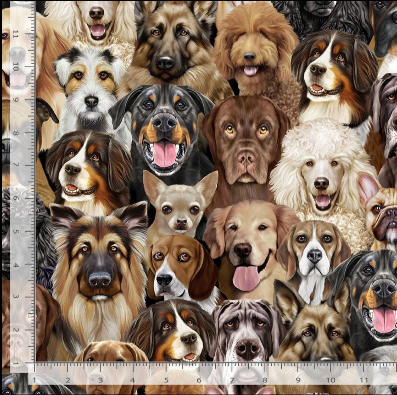 Packed dog portrait cotton fabric with realistic dog faces