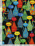 Colorful whimsical cat print cotton fabric on black background