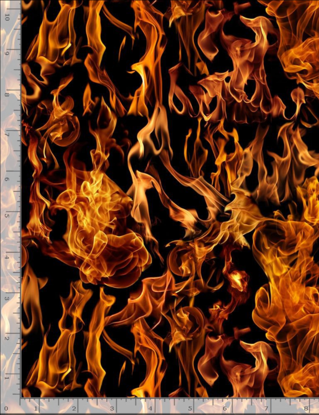 Black cotton fabric with realistic orange yellow flames