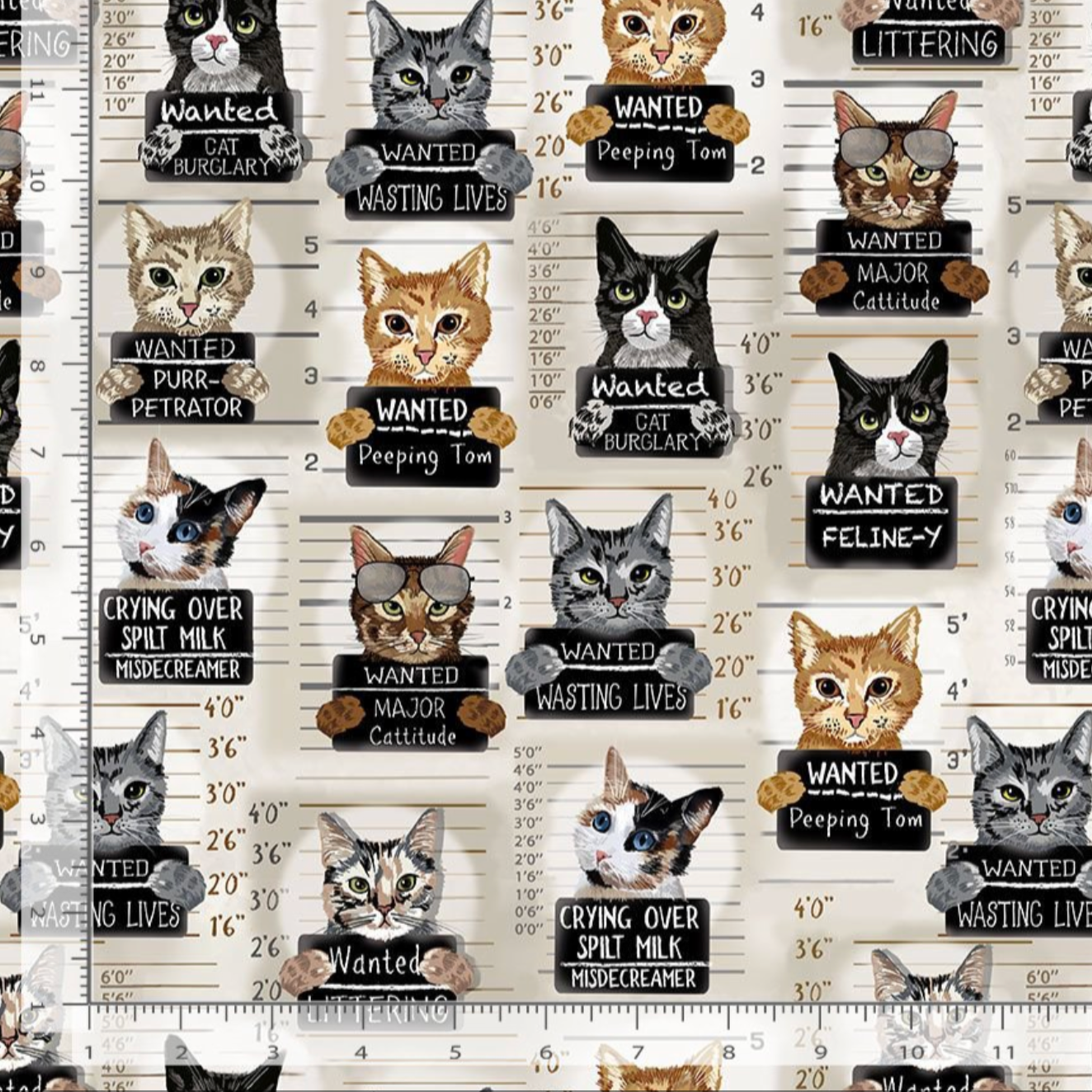 Beige cotton fabric with humorous cat mugshot illustrations
