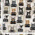 Beige cotton fabric with humorous cat mugshot illustrations