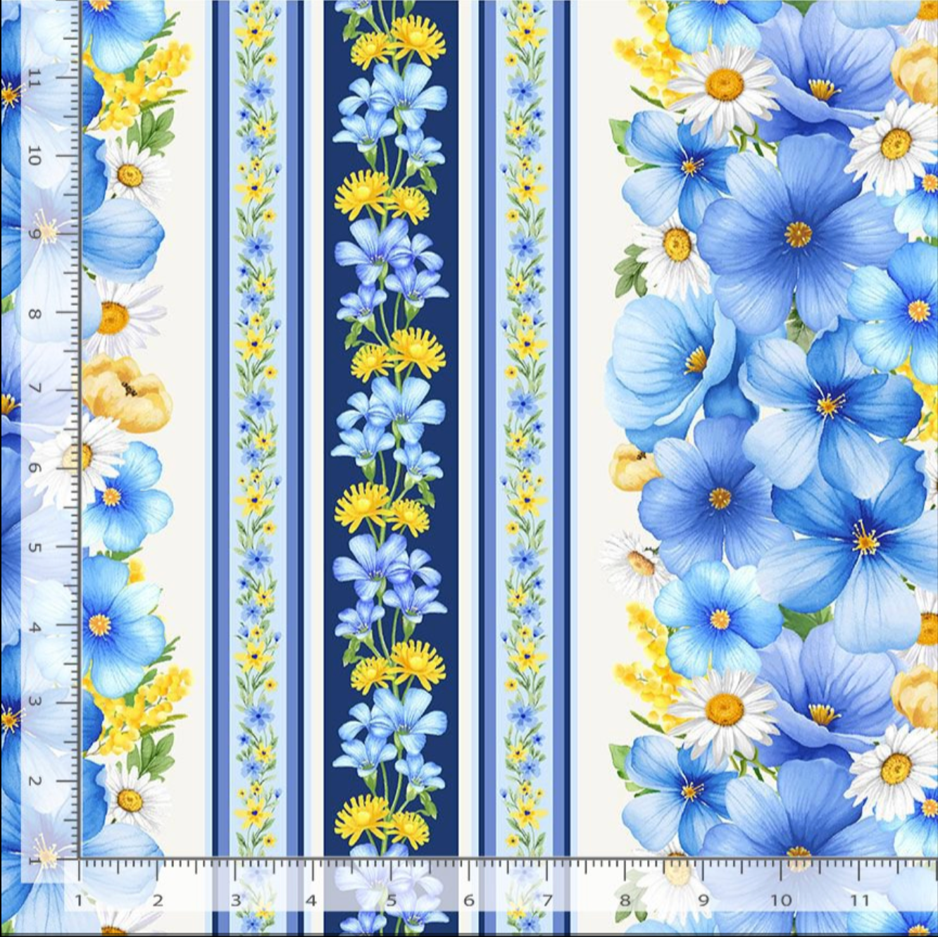 Blue and yellow bee floral stripe cotton fabric