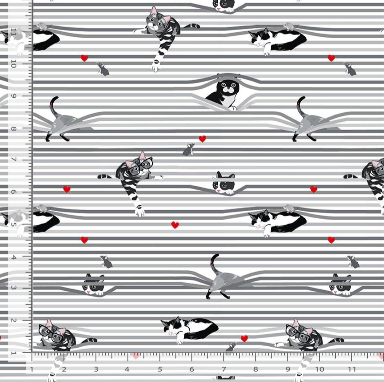 Peekaboo cats cotton fabric with gray stripes and red hearts by Timeless Treasures