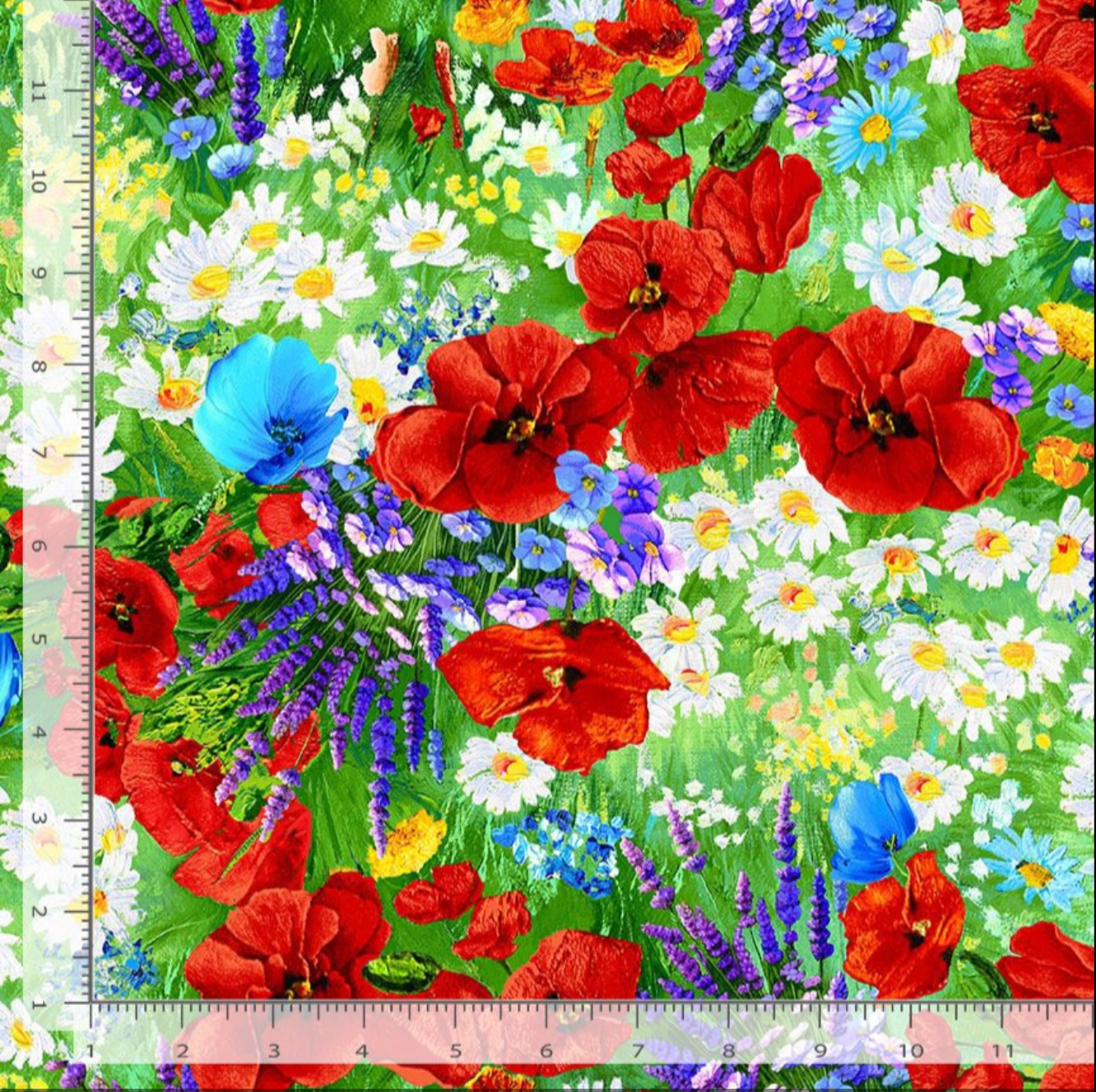 Painted meadow floral cotton fabric with poppies and daisies by Timeless Treasures