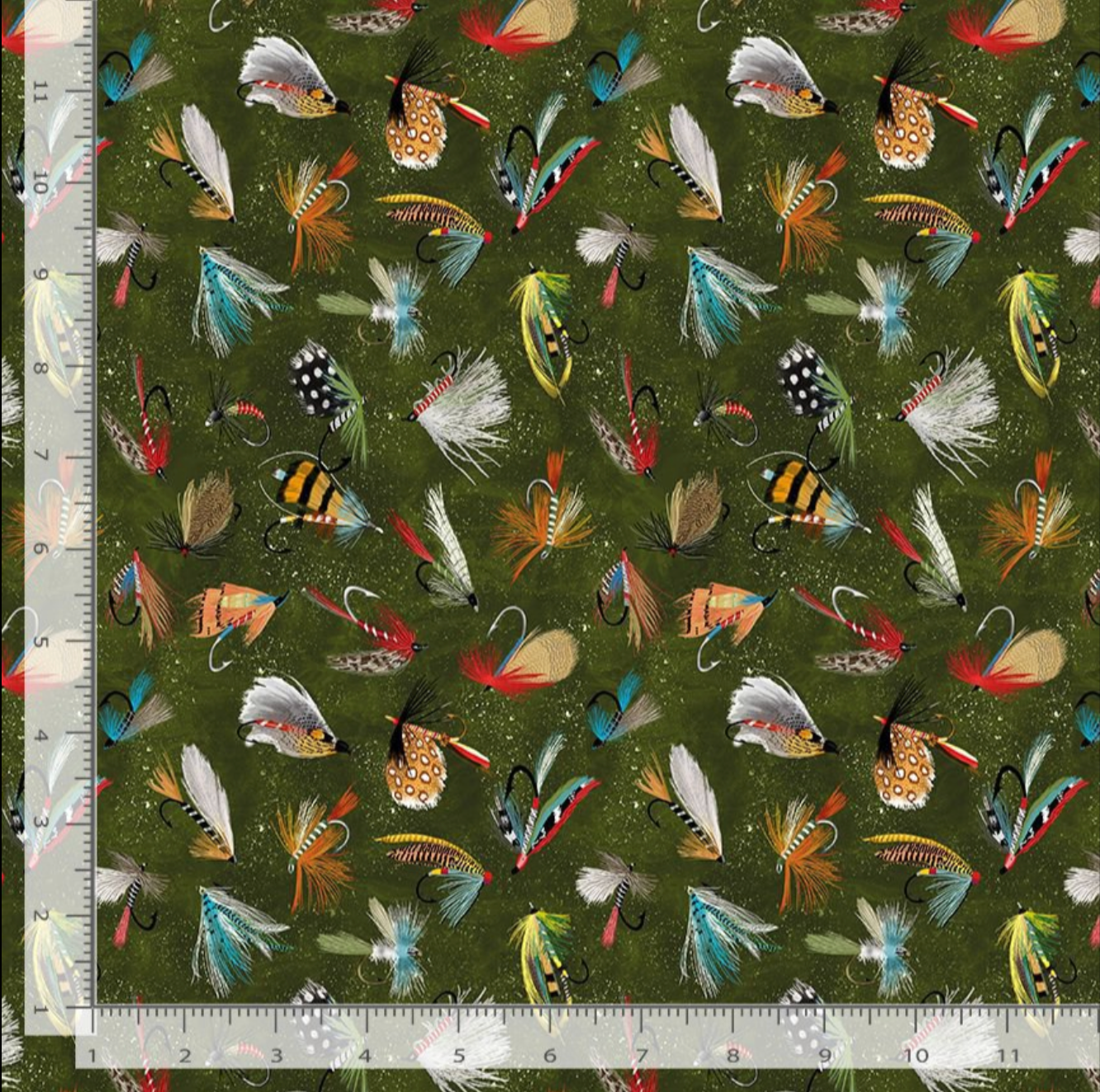 Fly fishing lures on hunter green cotton fabric by Timeless Treasures
