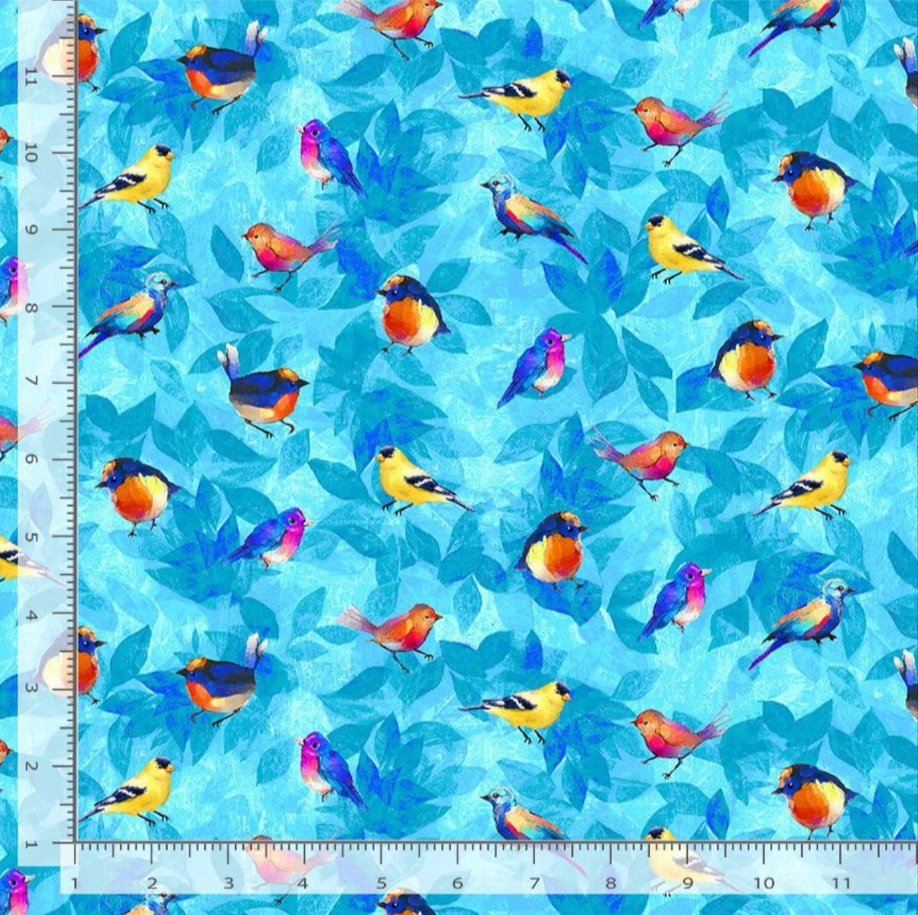 Colorful forest birds on blue cotton fabric by Timeless Treasures