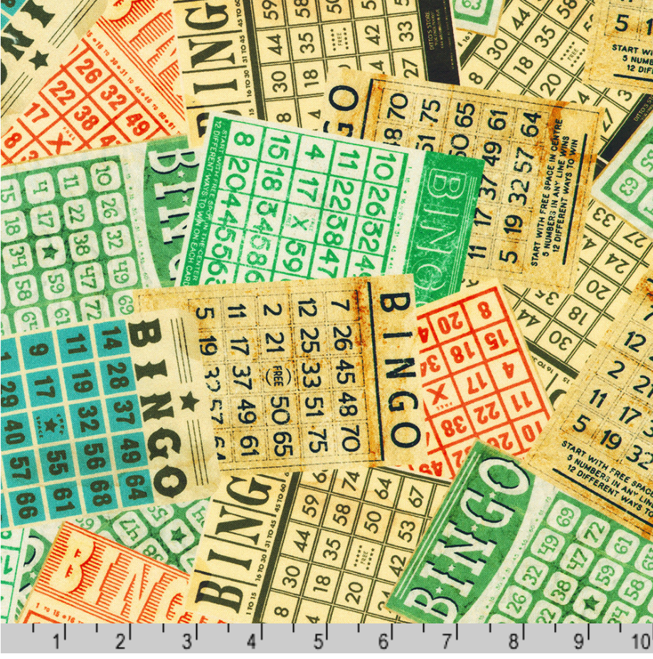Vintage bingo cards cotton fabric in green red and cream with layered ticket design.