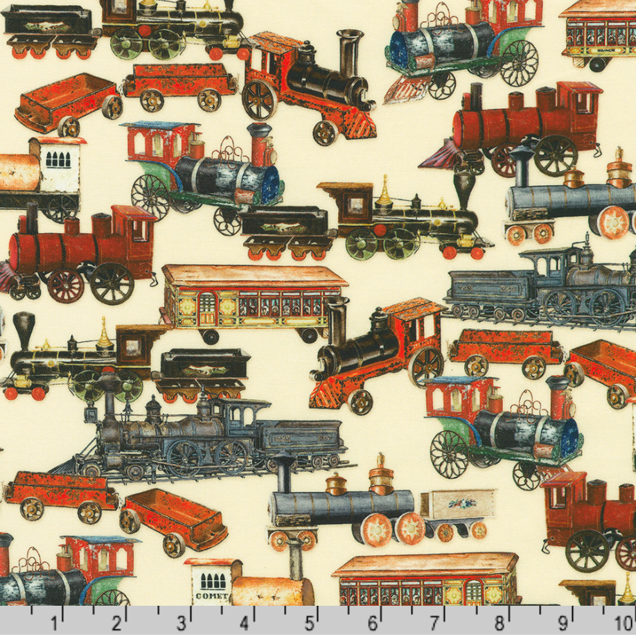 Antique steam trains and caboose cars cotton fabric on vintage cream background.