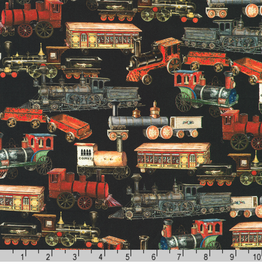 Antique steam trains and caboose cars cotton fabric on black background.