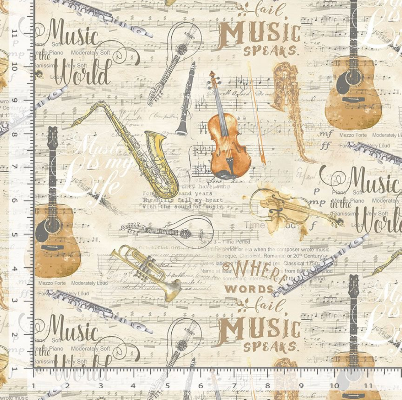 Timeless Treasures Symphony cotton fabric featuring vintage sheet music with guitars, violins, saxophones, trumpets, clarinets, and musical instruments.