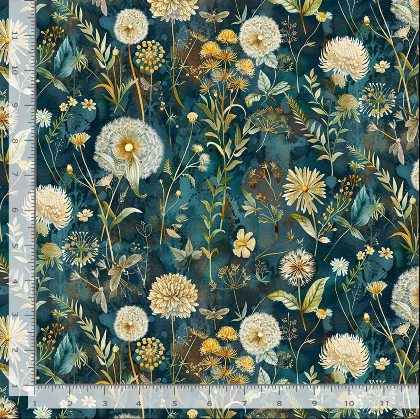 Forest Whisper Midnight Wild Floral Night cotton fabric featuring dandelions and meadow wildflowers on a deep teal background by Timeless Treasures.