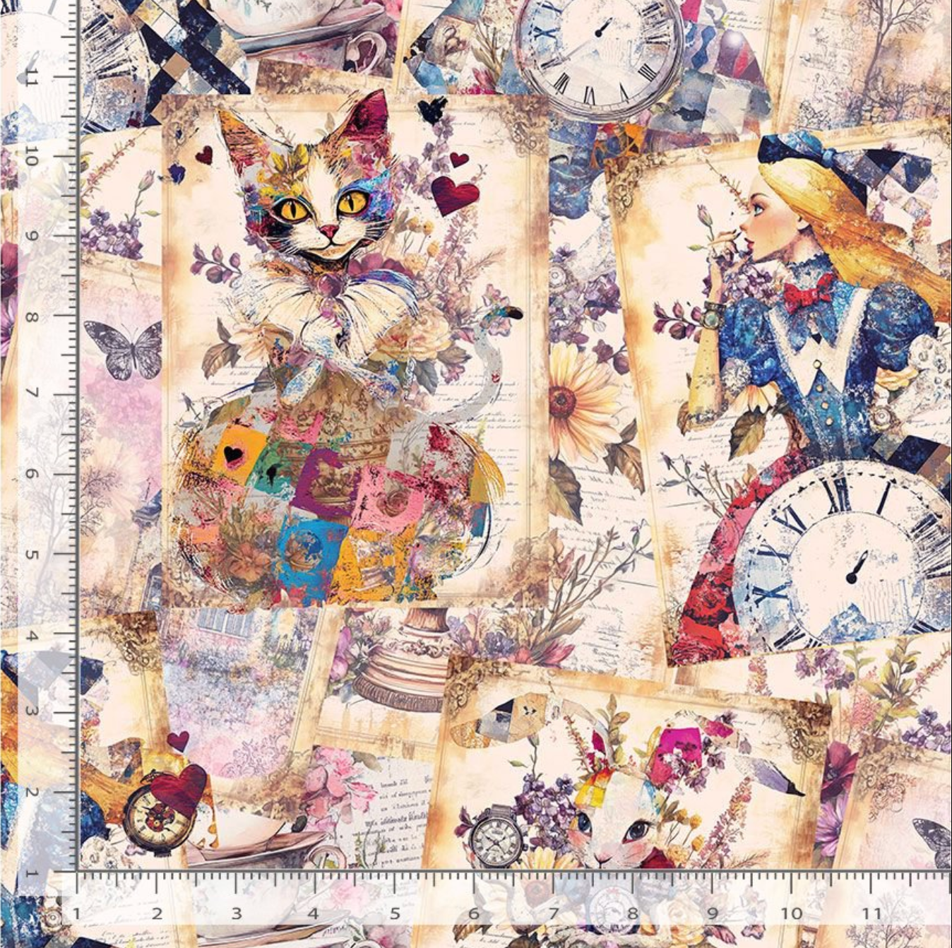 Whimsical collage cotton fabric with storybook characters cat girl clocks and florals