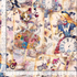 Whimsical collage cotton fabric with storybook characters cat girl clocks and florals