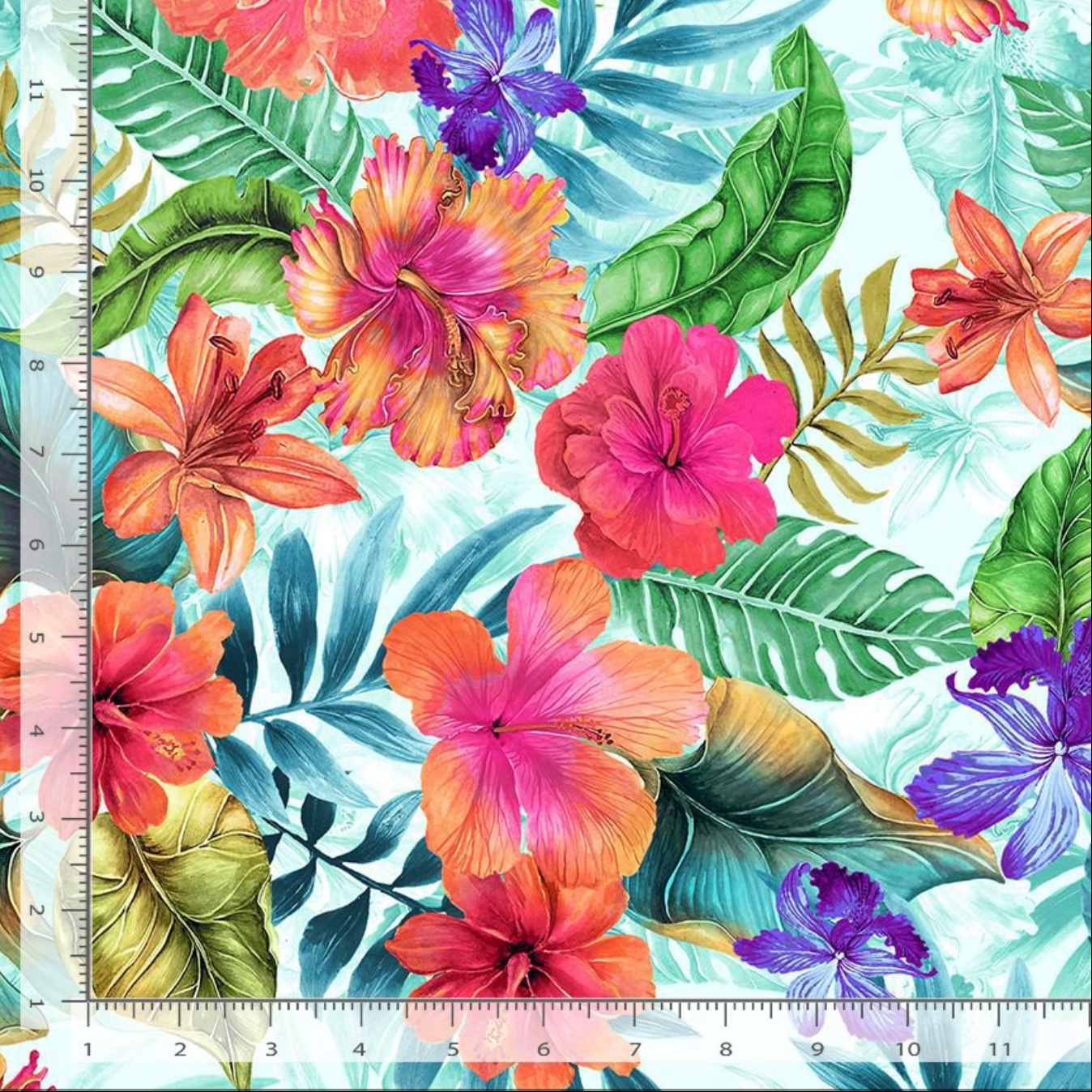 Tropical cotton fabric with colorful hibiscus flowers and green leaves on aqua background