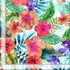 Tropical cotton fabric with colorful hibiscus flowers and green leaves on aqua background