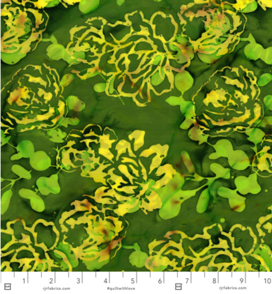green peony floral batik fabric by Flaurie and Finch for RJR Fabrics