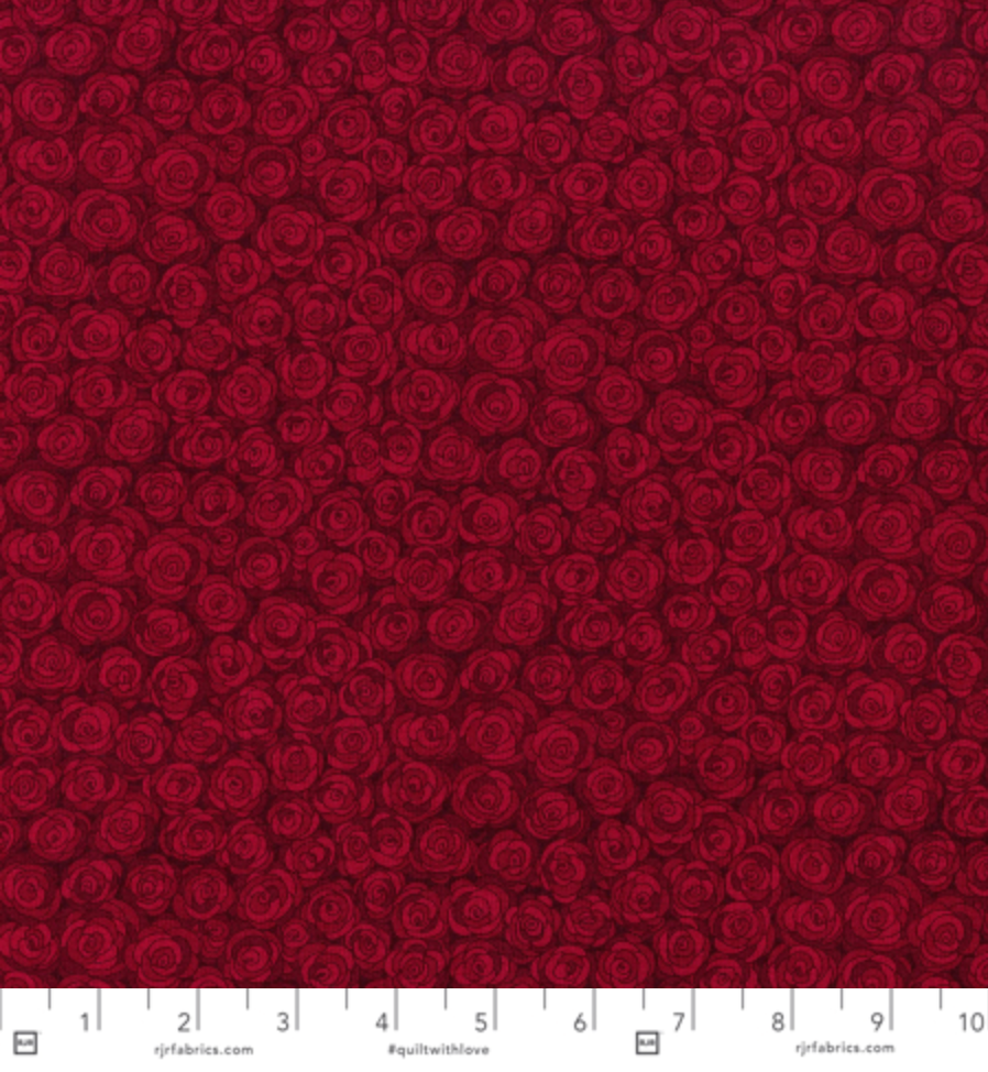 deep red rose swirl quilting fabric by Jamie Fingal for RJR Fabrics