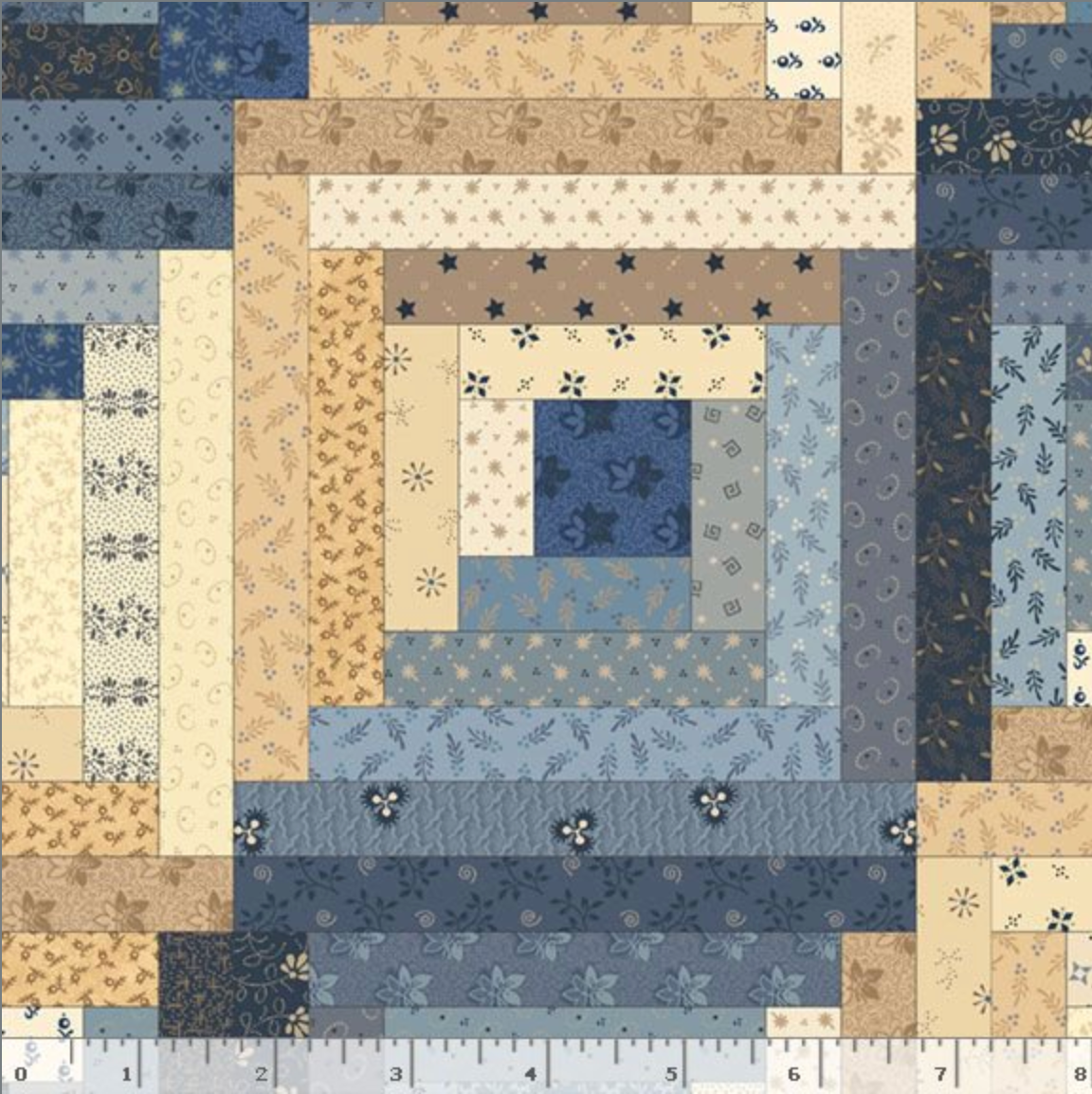 printed log cabin quilt block blue cream cotton fabric by Pam Buda for Marcus Fabrics