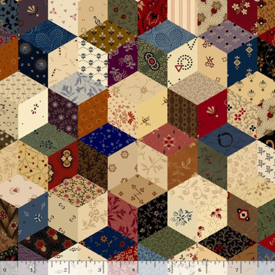 primitive hexagon patchwork cotton fabric by Pam Buda for Marcus Fabrics