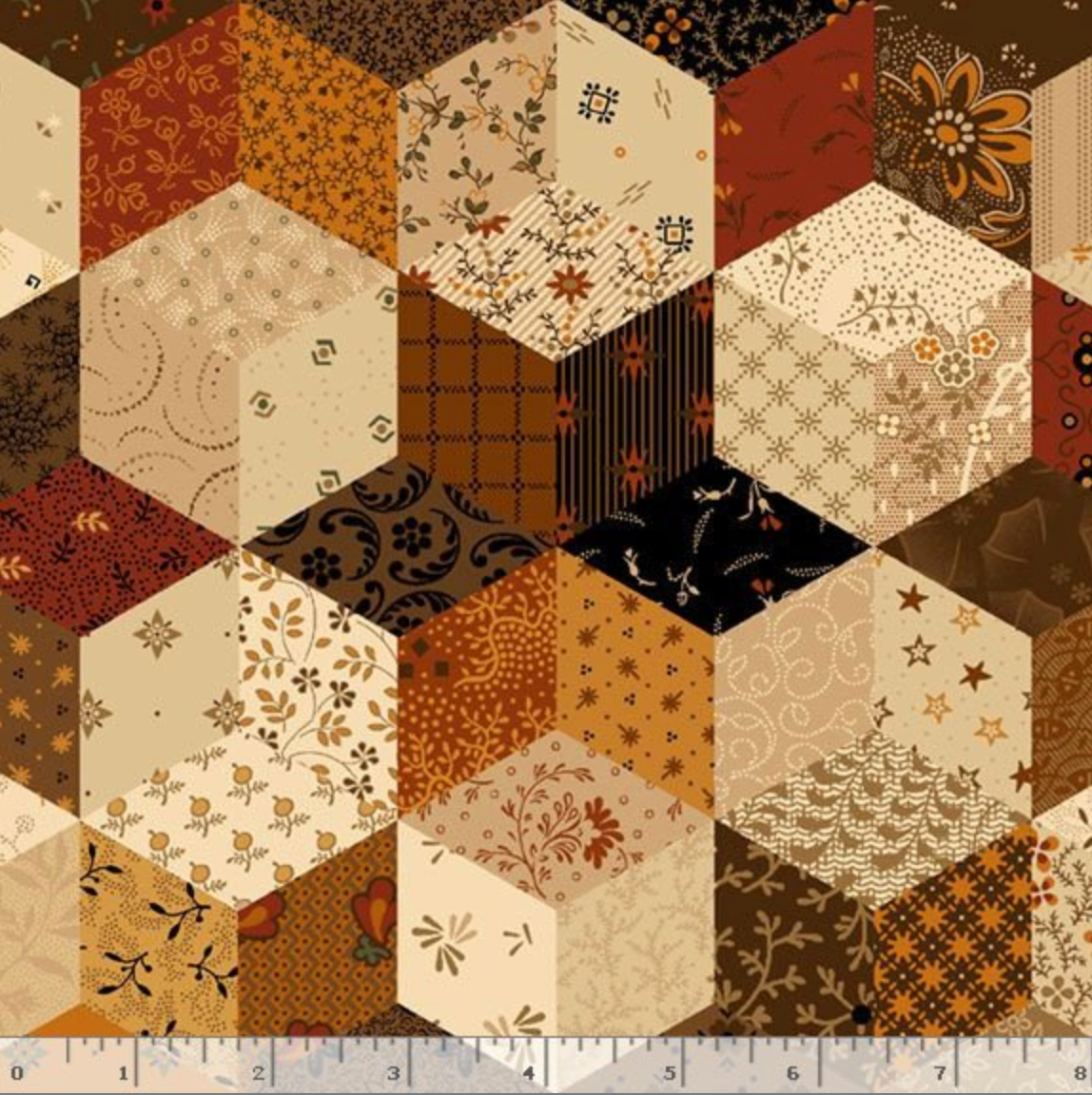 primitive cheddar hexagon patchwork cotton fabric by Pam Buda for Marcus Fabrics