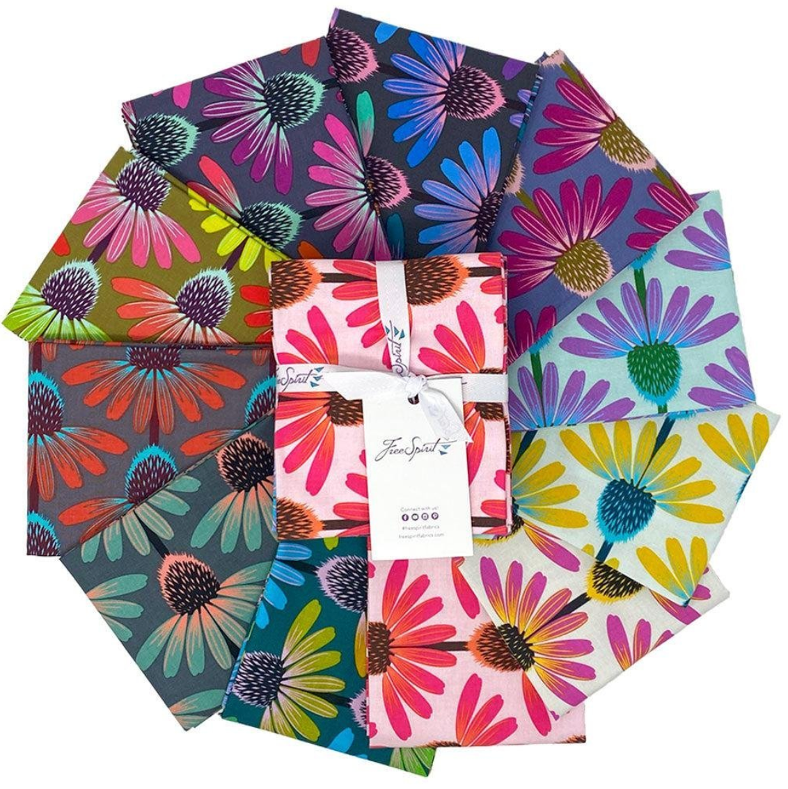 Echinacea fat quarter bundle by Anna Maria Horner featuring vibrant floral quilting fabrics in pink, teal, blue, yellow, and purple tones