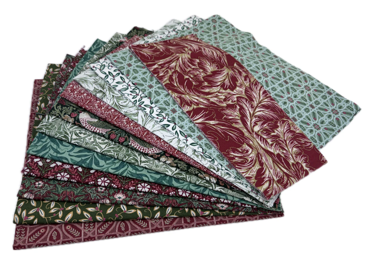Cotswold Holiday quilt kit fabrics by Morris and Co for Free Spirit Fabrics featuring traditional Christmas floral quilting prints