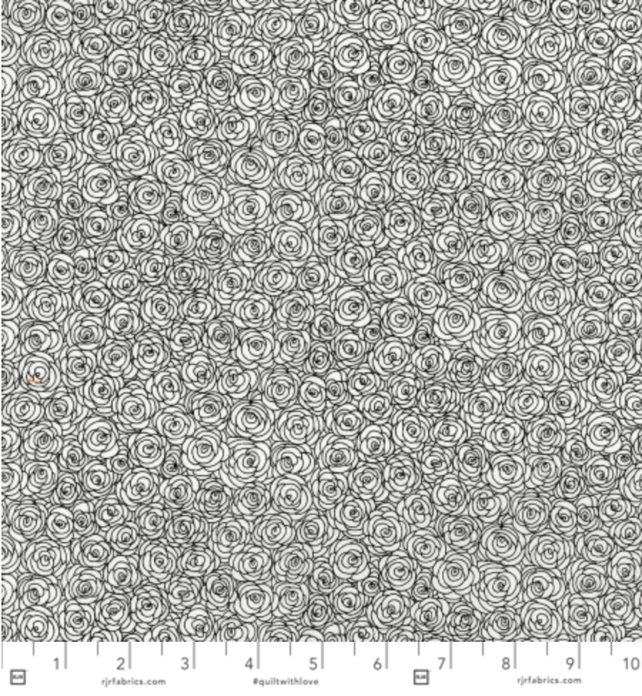 black and white rose petals quilting cotton fabric by Jamie Fingal for RJR Fabrics