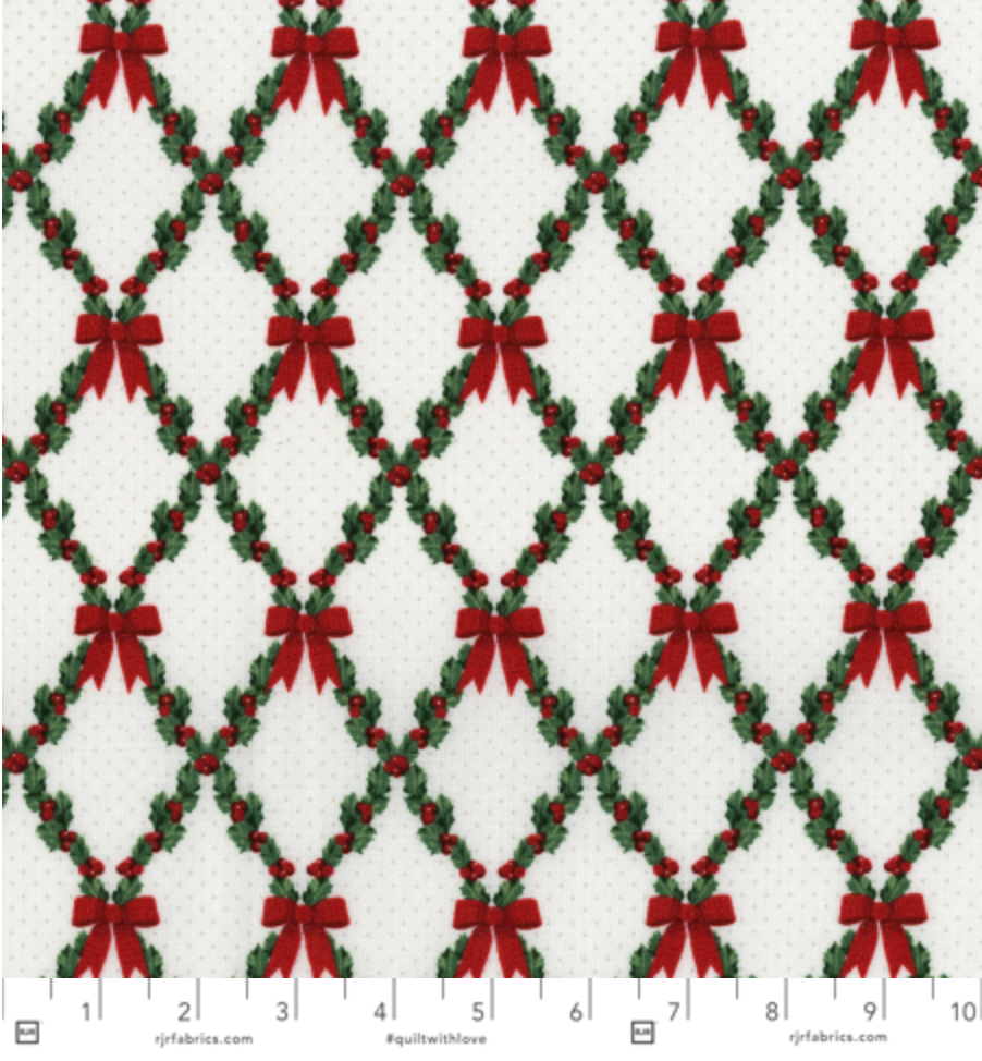 holiday holly garland and red bows metallic quilting cotton fabric by RJR Fabrics