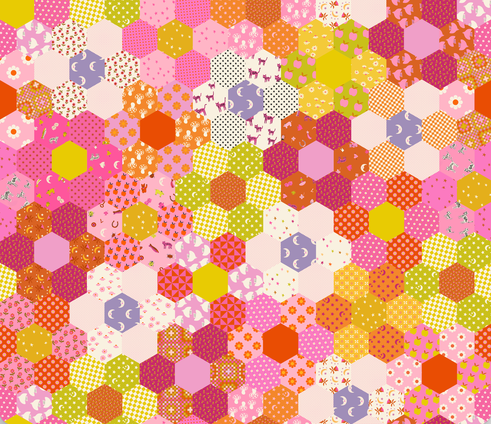 Colorful hexagon patchwork wide quilt backing fabric with retro florals, moons, birds, and geometric prints by Alexia Abegg