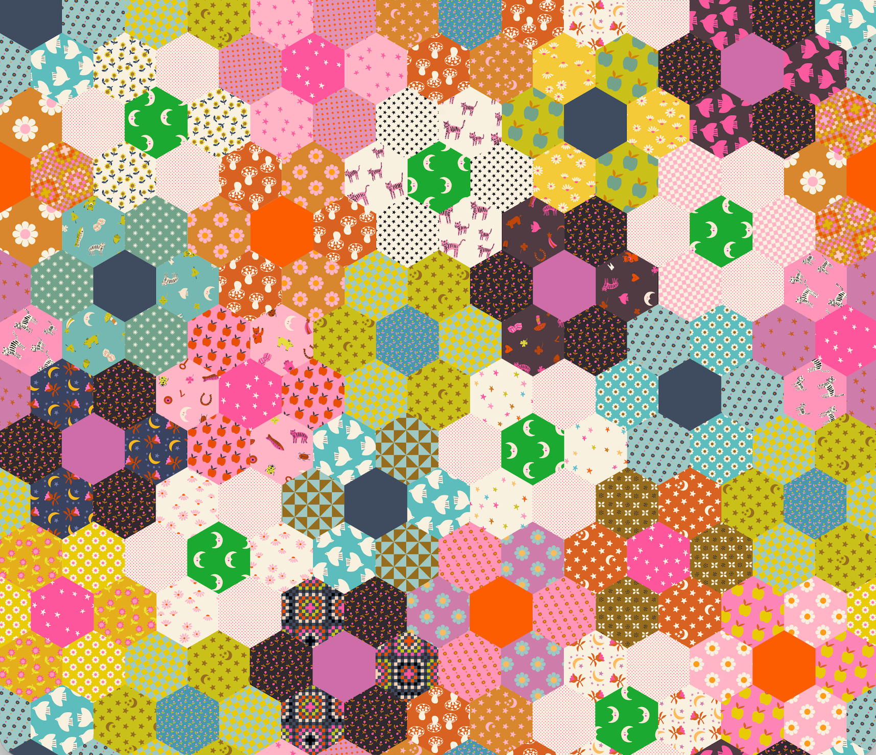 Colorful hexagon patchwork wide quilt backing fabric with whimsical florals, moons, birds, stars, and geometric prints